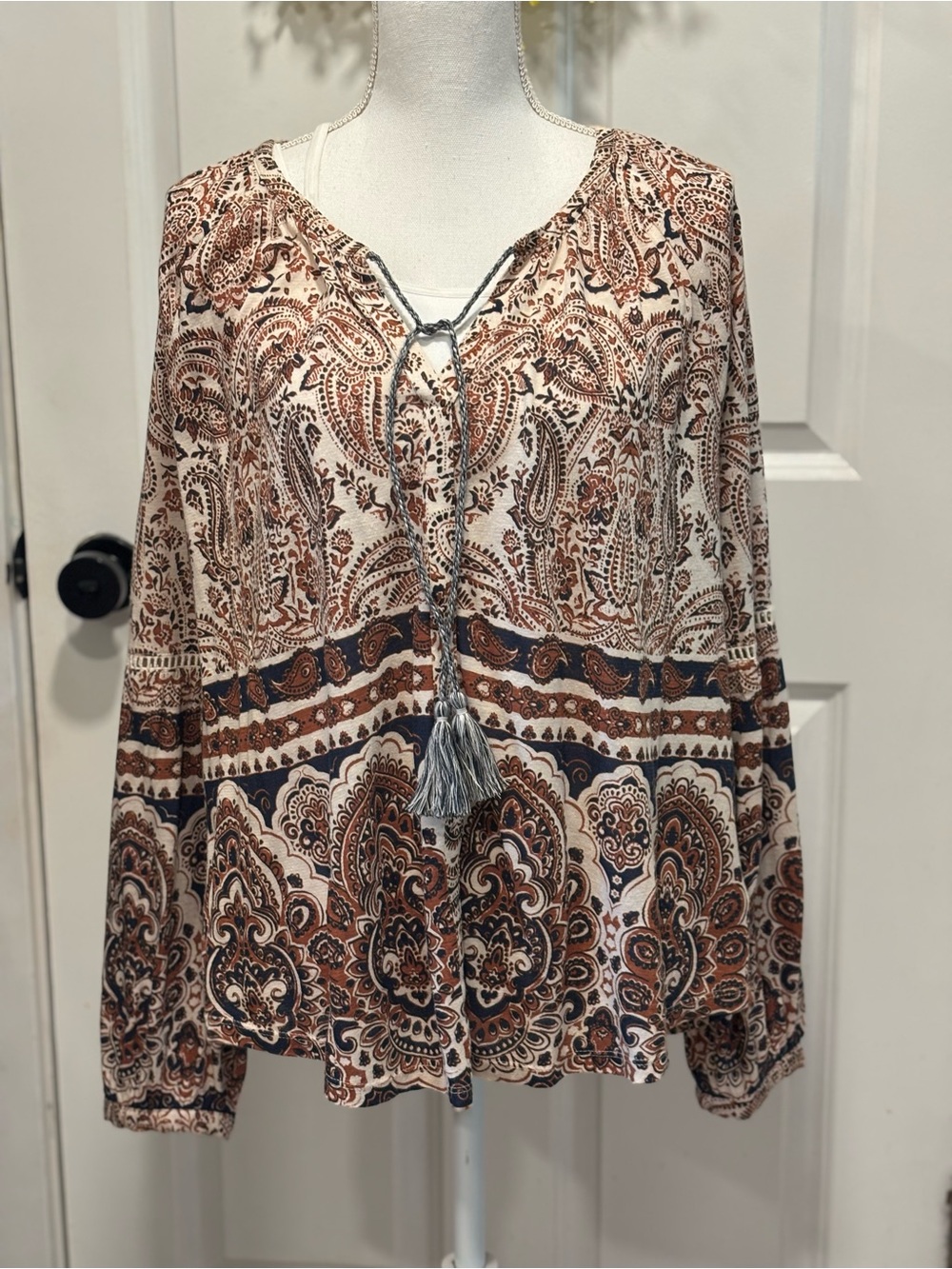 Lucky Brand Boho Paisley Tie-Front Peasant Blouse - Cream & Brown size XL